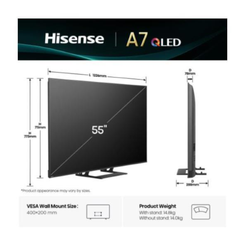 Hisense A7Q 55A79Q, 127 cm (50?), 3840 x 2160 Pixel, QLED, Smart TV, Wi-Fi, Nero